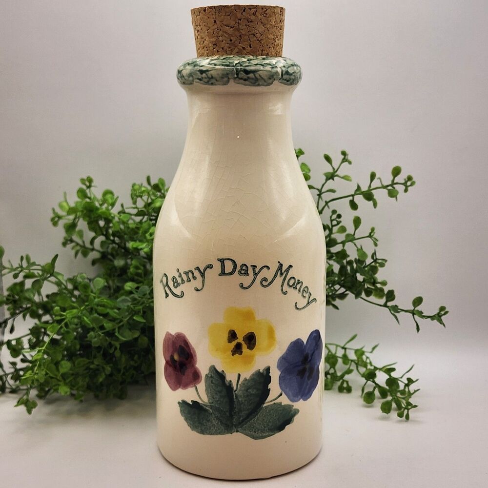 VTG Crock Shop Santa Ana CA Pottery Rainy Day Money Milk Bottle Bank Discontinue